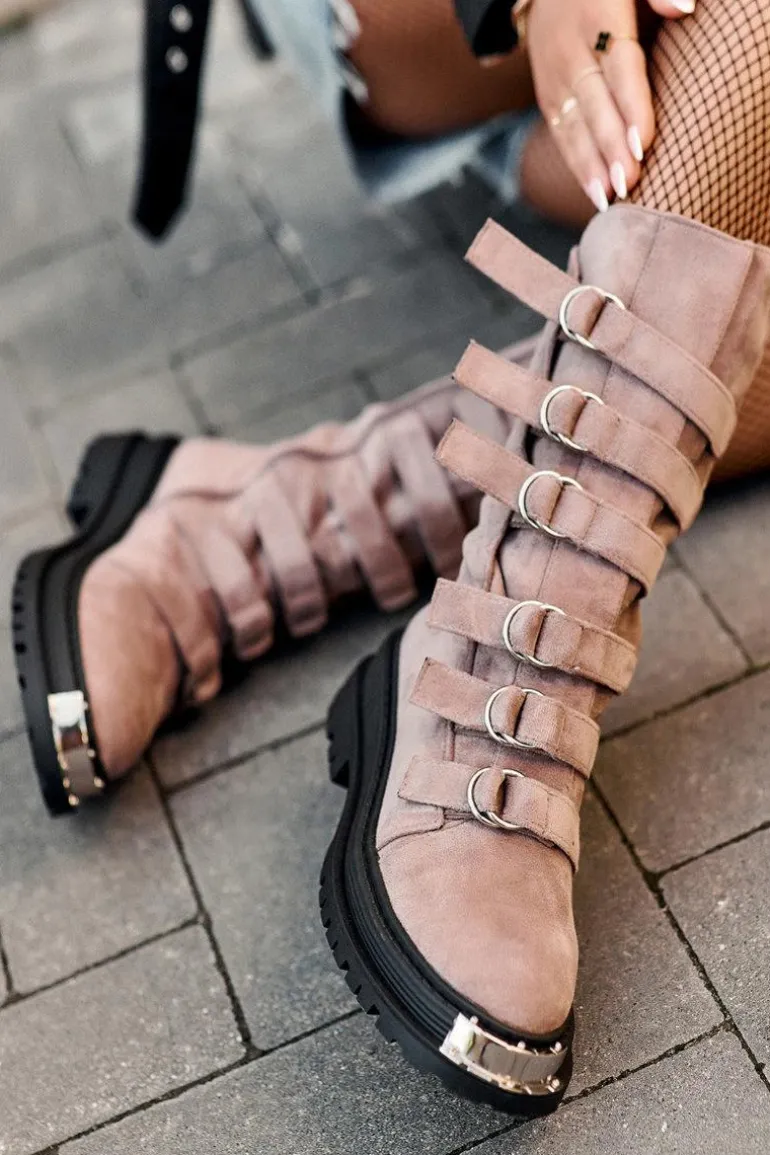 Zamszowe Wysokie Botki Workery Z Paskami Ciemnobeżowe Elnatea