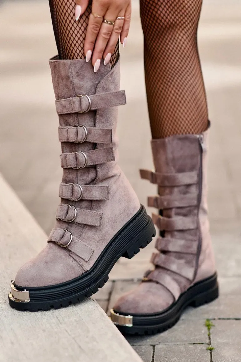 Zamszowe Wysokie Botki Workery Z Paskami Ciemnobeżowe Elnatea