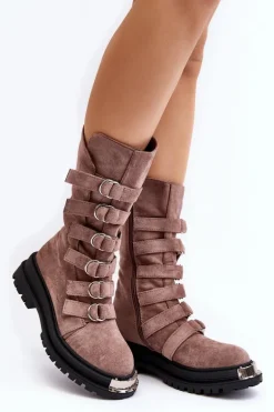 Zamszowe Wysokie Botki Workery Z Paskami Ciemnobeżowe Elnatea