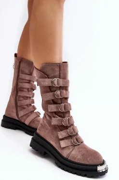Zamszowe Wysokie Botki Workery Z Paskami Ciemnobeżowe Elnatea