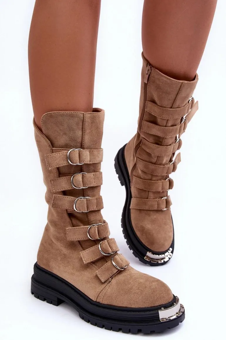 Zamszowe Wysokie Botki Workery Z Paskami Beżowe Elnatea