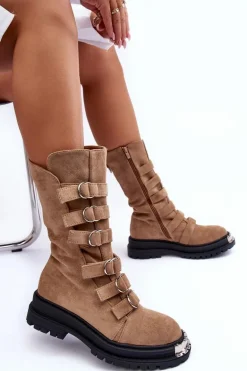 Zamszowe Wysokie Botki Workery Z Paskami Beżowe Elnatea