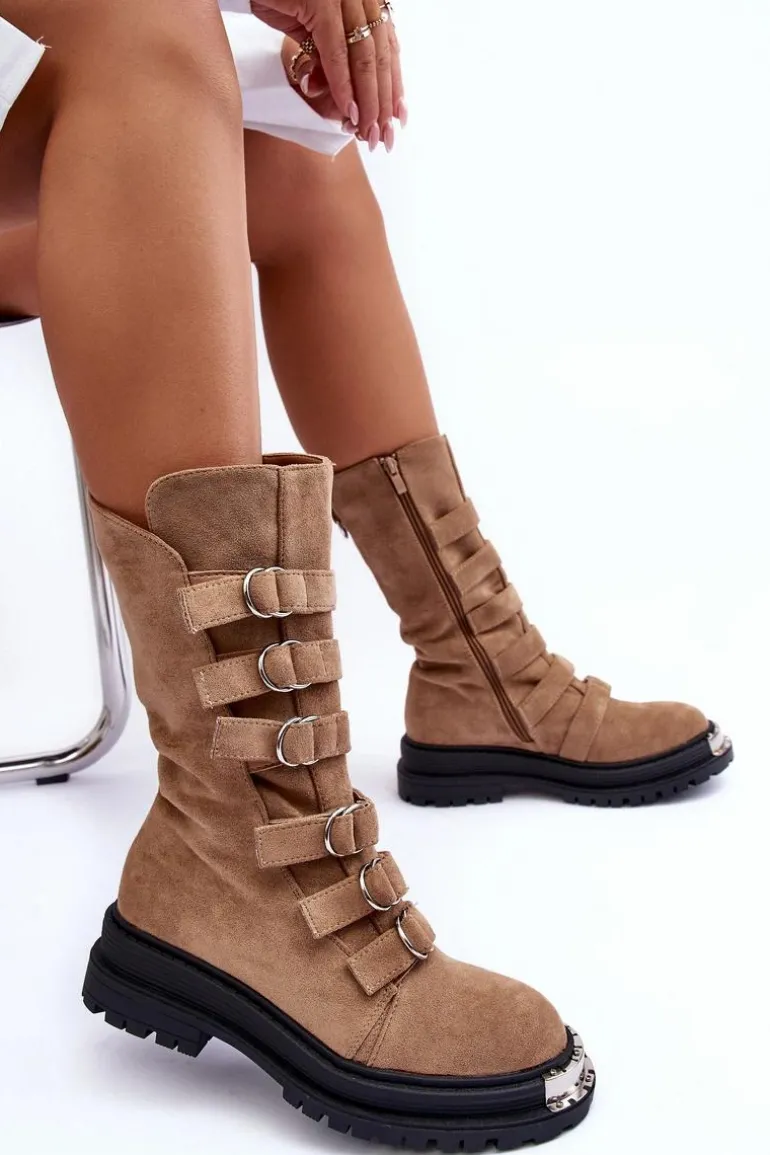 Zamszowe Wysokie Botki Workery Z Paskami Beżowe Elnatea