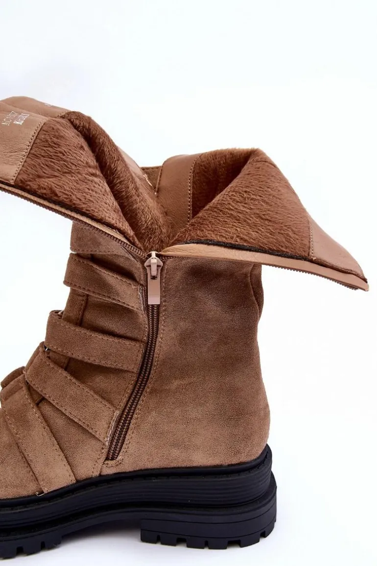 Zamszowe Wysokie Botki Workery Z Paskami Beżowe Elnatea