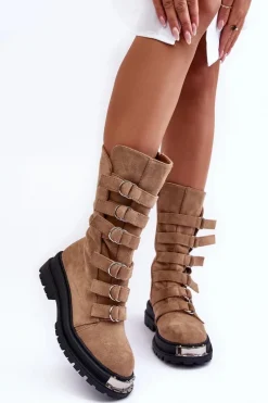 Zamszowe Wysokie Botki Workery Z Paskami Beżowe Elnatea