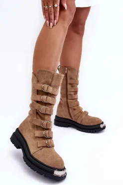 Zamszowe Wysokie Botki Workery Z Paskami Beżowe Elnatea