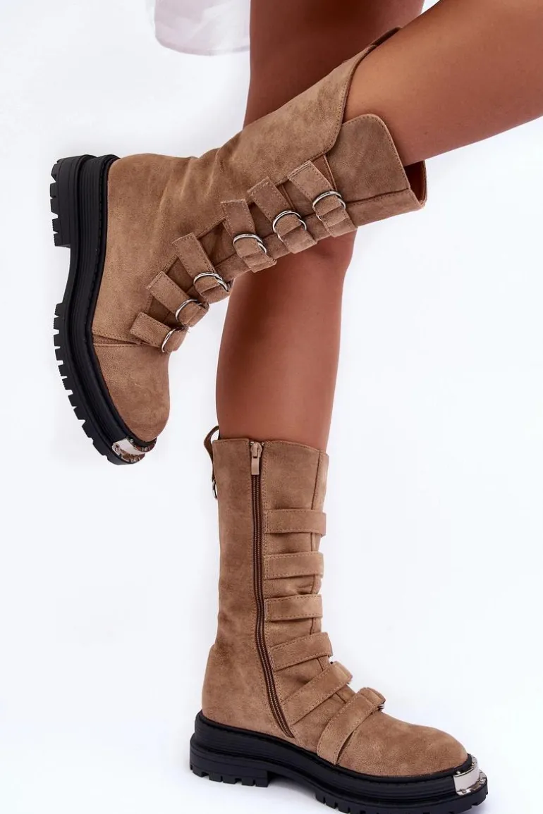 Zamszowe Wysokie Botki Workery Z Paskami Beżowe Elnatea