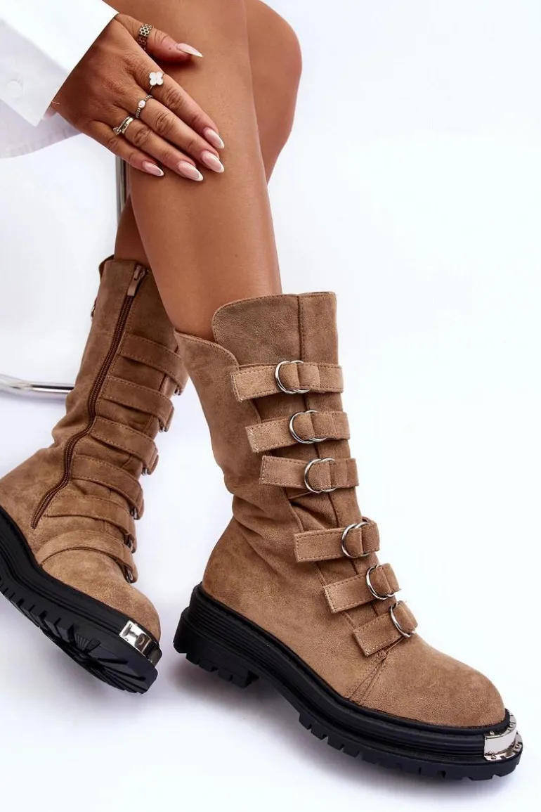 Zamszowe Wysokie Botki Workery Z Paskami Beżowe Elnatea