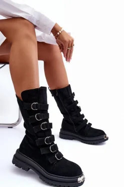 Zamszowe Wysokie Botki Workery Z Paskami Czarne Elnatea