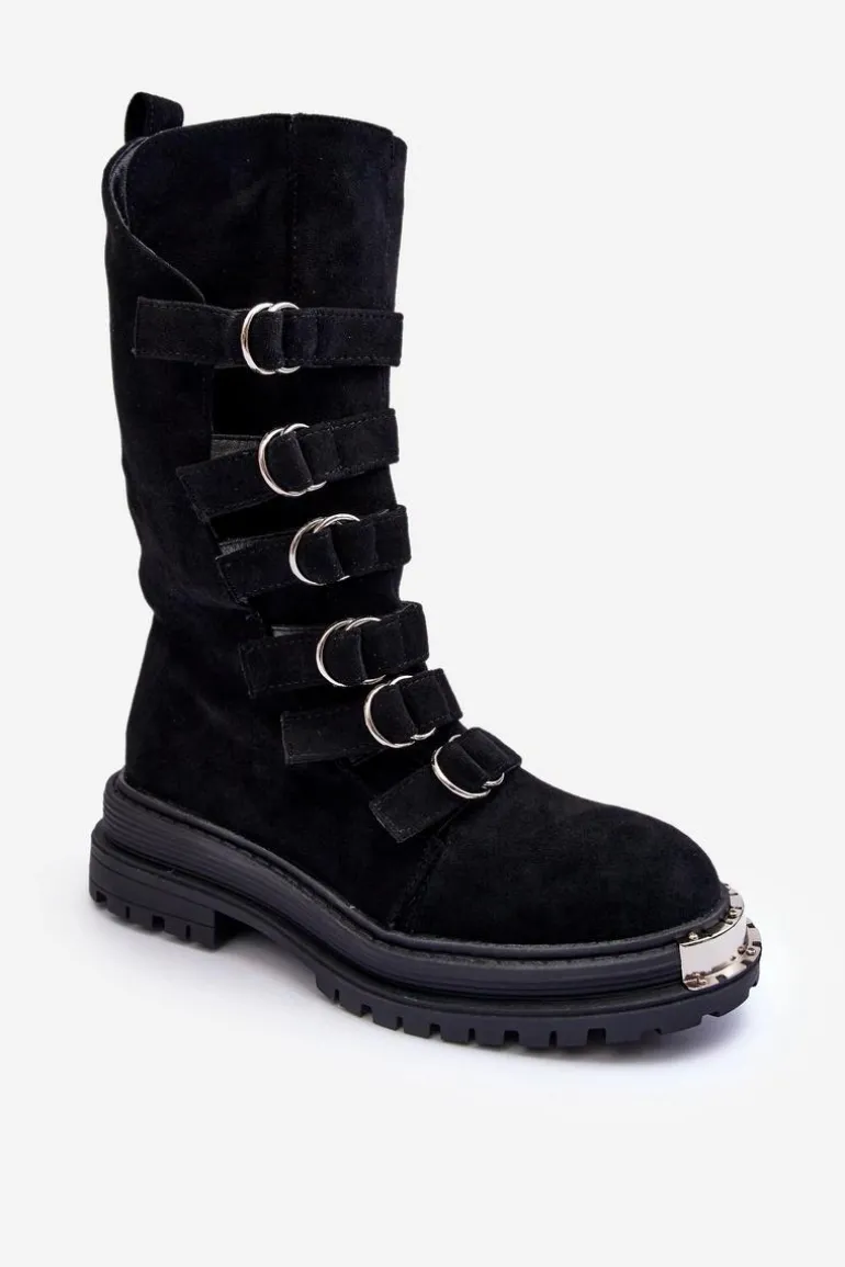 Zamszowe Wysokie Botki Workery Z Paskami Czarne Elnatea