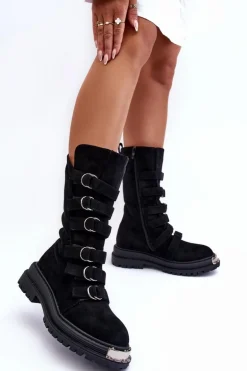 Zamszowe Wysokie Botki Workery Z Paskami Czarne Elnatea