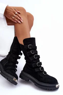 Zamszowe Wysokie Botki Workery Z Paskami Czarne Elnatea