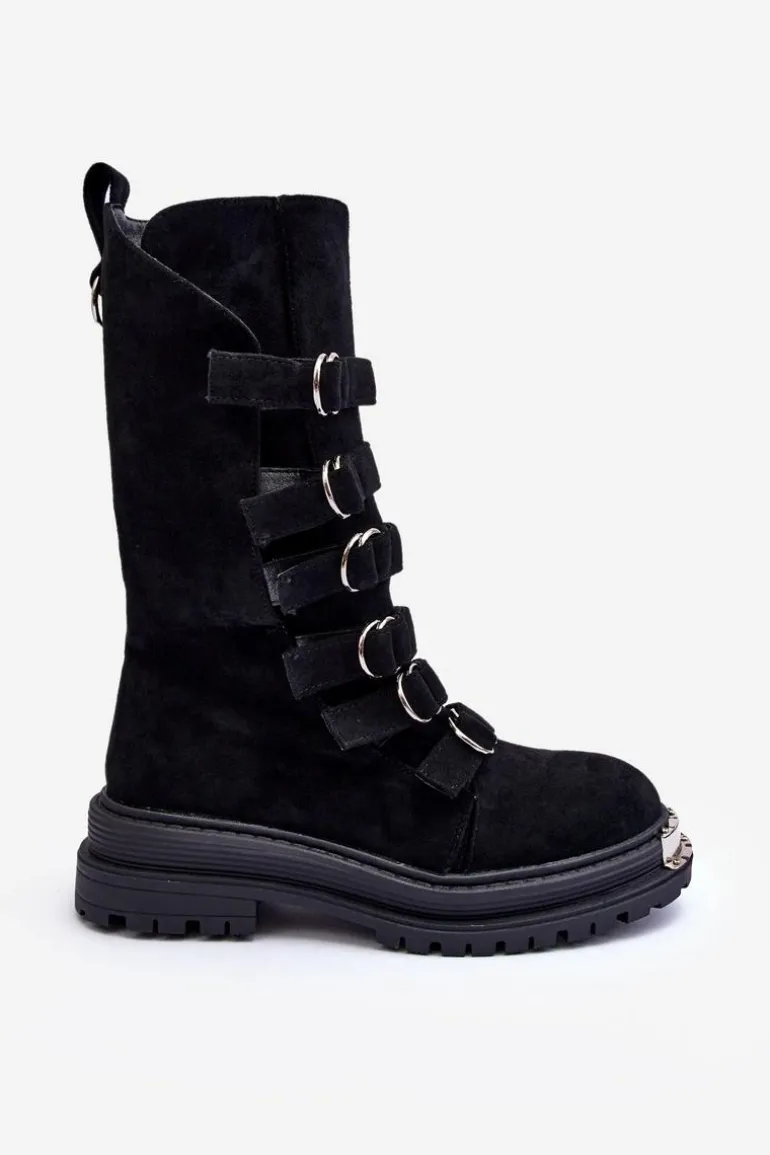 Zamszowe Wysokie Botki Workery Z Paskami Czarne Elnatea