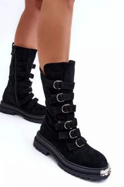 Zamszowe Wysokie Botki Workery Z Paskami Czarne Elnatea
