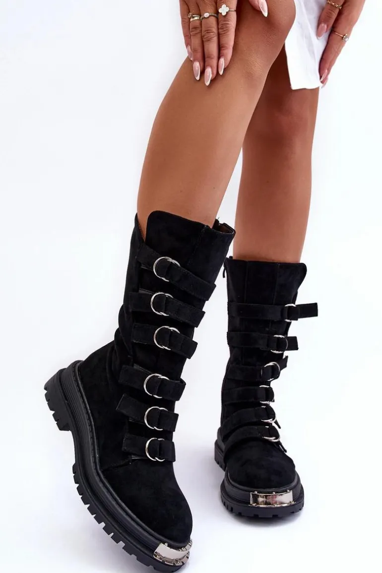 Zamszowe Wysokie Botki Workery Z Paskami Czarne Elnatea