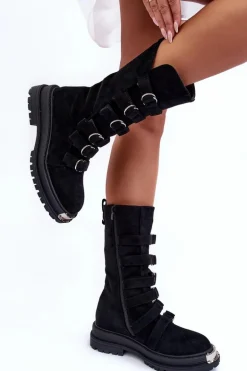 Zamszowe Wysokie Botki Workery Z Paskami Czarne Elnatea