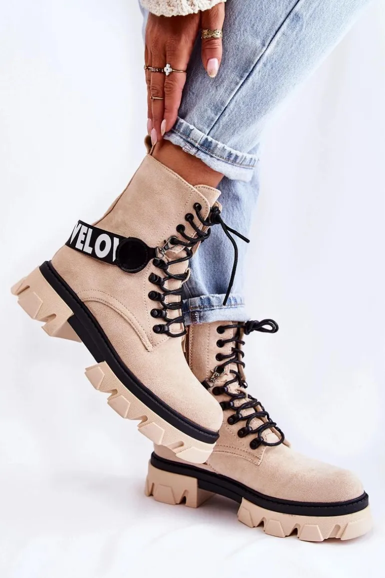 Zamszowe Wysokie Botki Z Ociepleniem Beżowe Danity