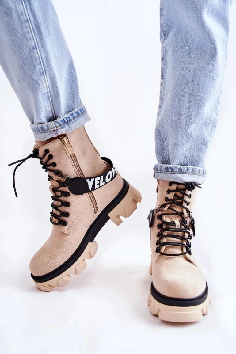 Zamszowe Wysokie Botki Z Ociepleniem Beżowe Danity