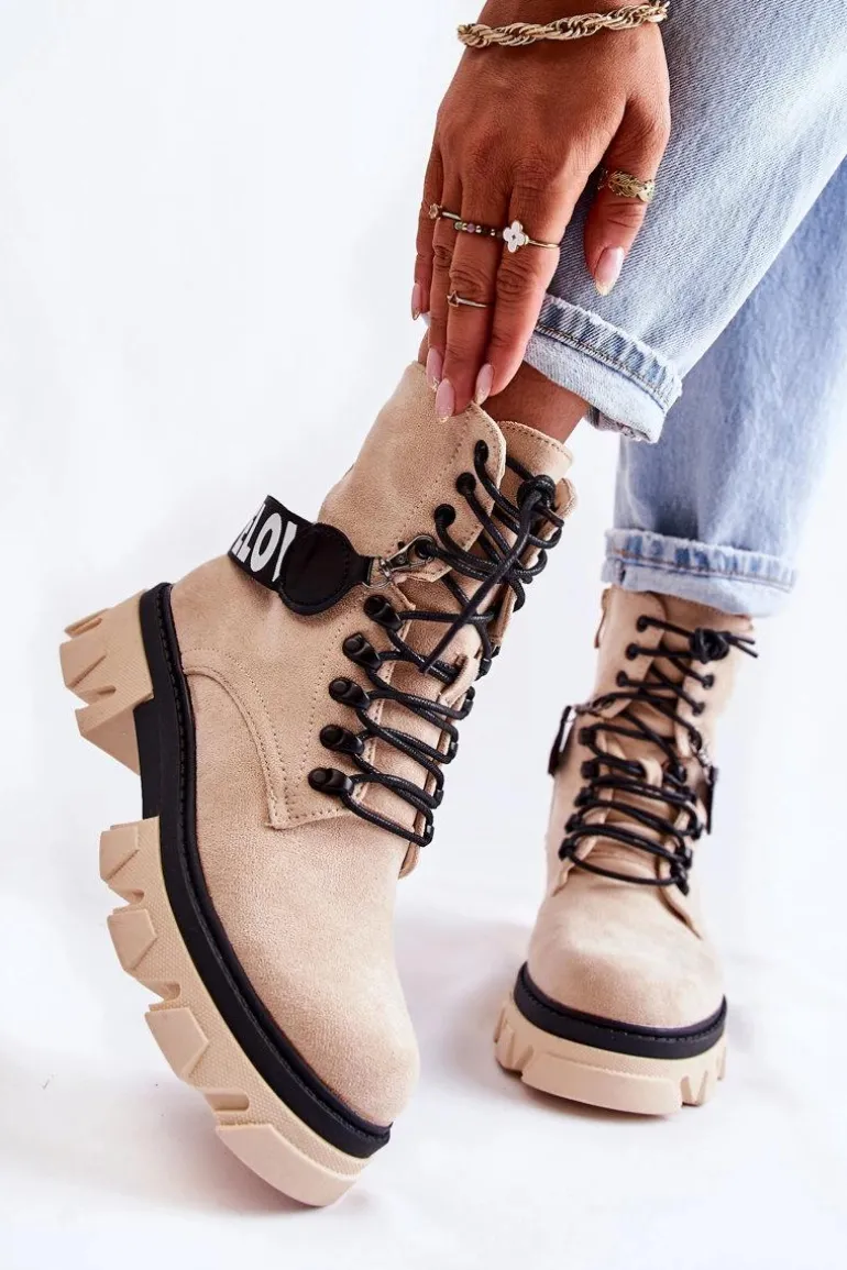 Zamszowe Wysokie Botki Z Ociepleniem Beżowe Danity