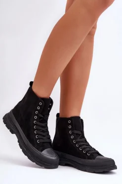 Zamszowe Wysokie Trampki Damskie Czarne Eleamia