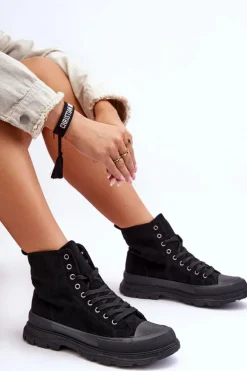 Zamszowe Wysokie Trampki Damskie Czarne Eleamia