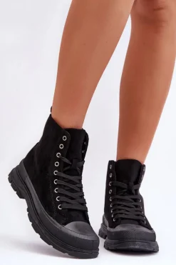 Zamszowe Wysokie Trampki Damskie Czarne Eleamia