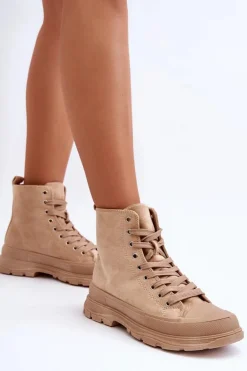 Zamszowe Wysokie Trampki Damskie Ciemnobeżowe Eleamia