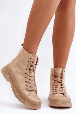 Zamszowe Wysokie Trampki Damskie Ciemnobeżowe Eleamia