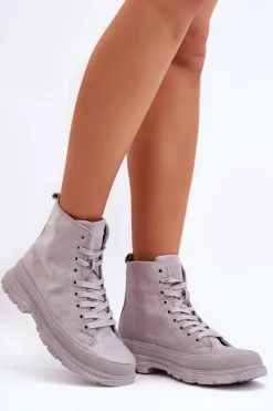 Zamszowe Wysokie Trampki Damskie Szare Eleamia