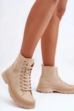 Zamszowe Wysokie Trampki Damskie Beżowe Eleamia