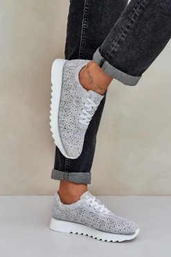 Zamszowe Wzorzyste Buty Sportowe Na Platformie Z Brokatem D&A LR51-635 Srebrne