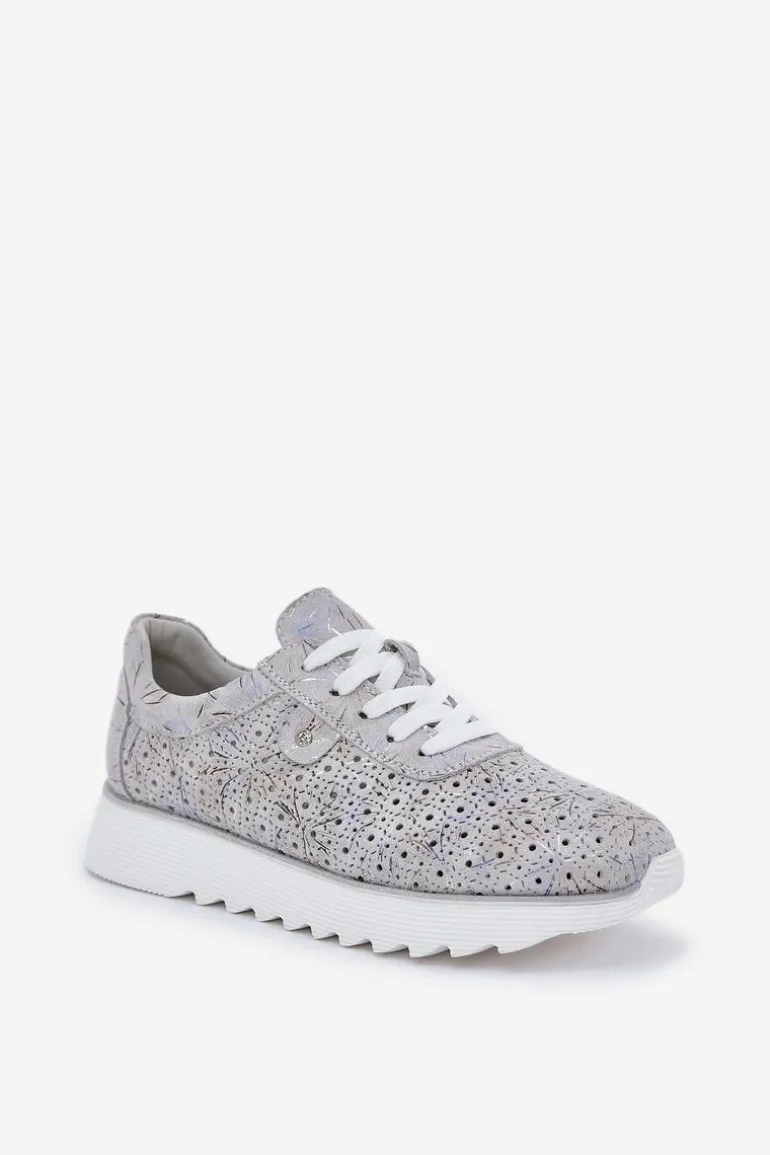 Zamszowe Wzorzyste Buty Sportowe Na Platformie Z Brokatem D&A LR51-635 Srebrne