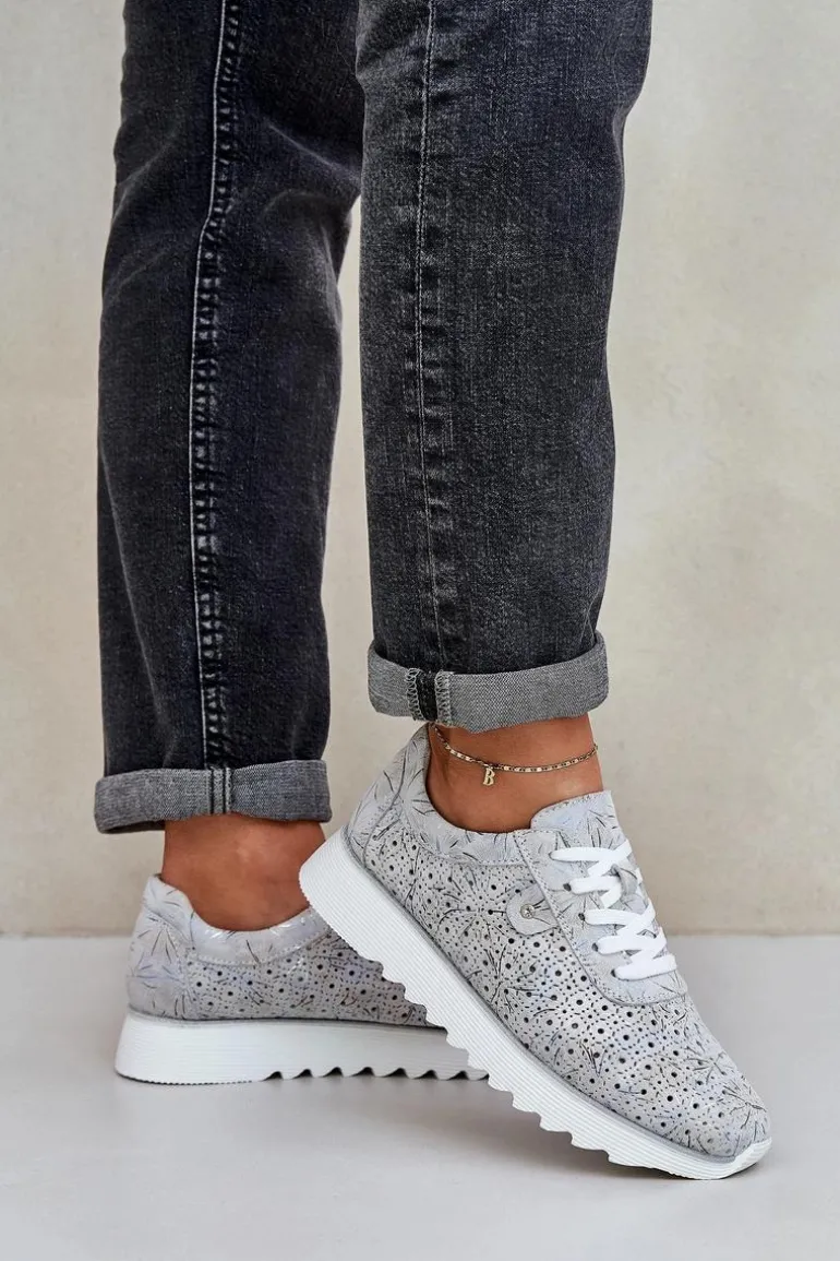 Zamszowe Wzorzyste Buty Sportowe Na Platformie Z Brokatem D&A LR51-635 Srebrne