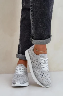 Zamszowe Wzorzyste Buty Sportowe Na Platformie Z Brokatem D&A LR51-635 Srebrne