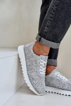 Zamszowe Wzorzyste Buty Sportowe Na Platformie Z Brokatem D&A LR51-635 Srebrne