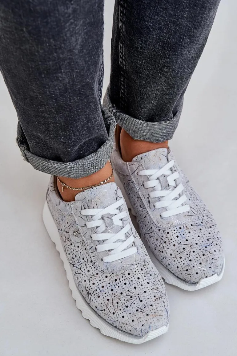Zamszowe Wzorzyste Buty Sportowe Na Platformie Z Brokatem D&A LR51-635 Srebrne