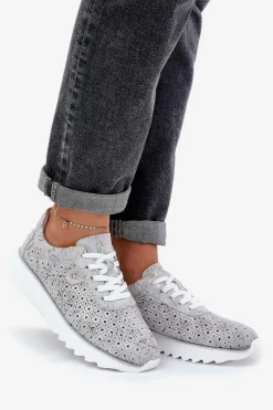 Zamszowe Wzorzyste Buty Sportowe Na Platformie Z Brokatem D&A LR51-635 Srebrne