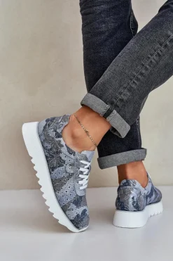 Zamszowe Wzorzyste Buty Sportowe Na Platformie Z Brokatem D&A LR51-635 Niebieskie