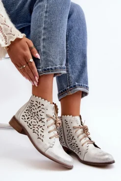 Zazoo 2871 Ażurowe Botki Damskie Sznurowane Srebrne
