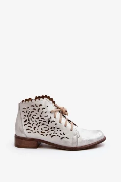 Zazoo 2871 Ażurowe Botki Damskie Sznurowane Srebrne