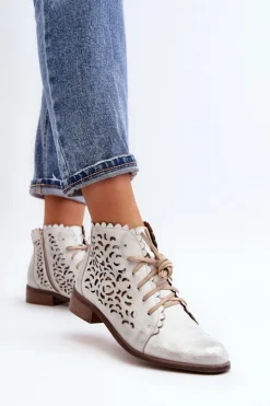 Zazoo 2871 Ażurowe Botki Damskie Sznurowane Srebrne