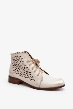 Zazoo 2871 Ażurowe Botki Damskie Sznurowane Złote Przecierane