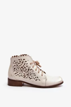 Zazoo 2871 Ażurowe Botki Damskie Sznurowane Złote Przecierane