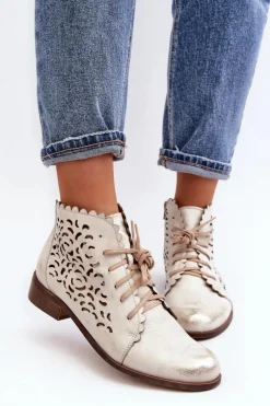 Zazoo 2871 Ażurowe Botki Damskie Sznurowane Złote Przecierane