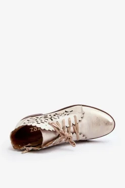 Zazoo 2871 Ażurowe Botki Damskie Sznurowane Złote Przecierane