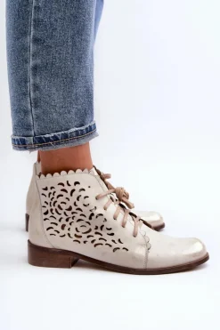 Zazoo 2871 Ażurowe Botki Damskie Sznurowane Złote Przecierane