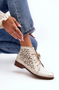 Zazoo 2871 Ażurowe Botki Damskie Sznurowane Złote Przecierane