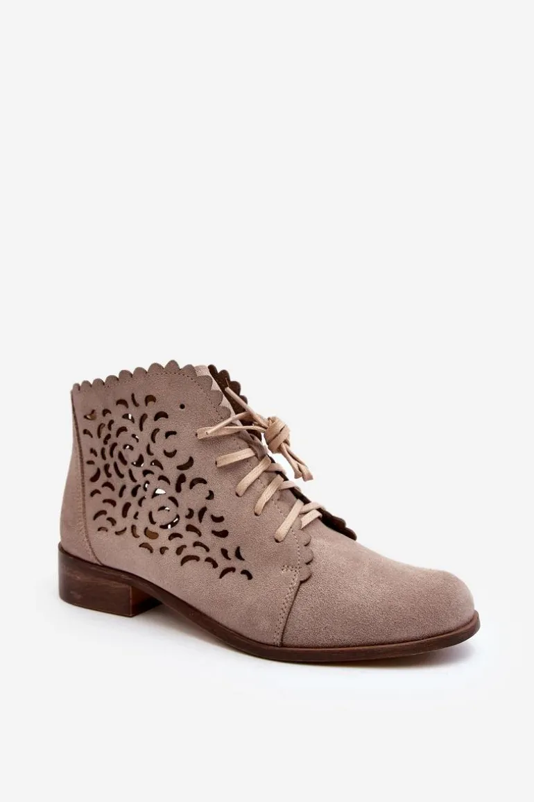 Zazoo 2871 Ażurowe Botki Damskie Sznurowane Beżowe