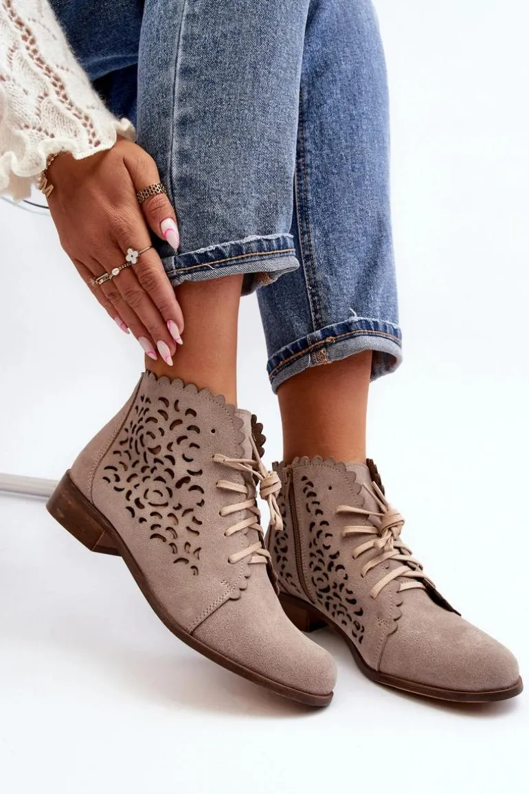 Zazoo 2871 Ażurowe Botki Damskie Sznurowane Beżowe