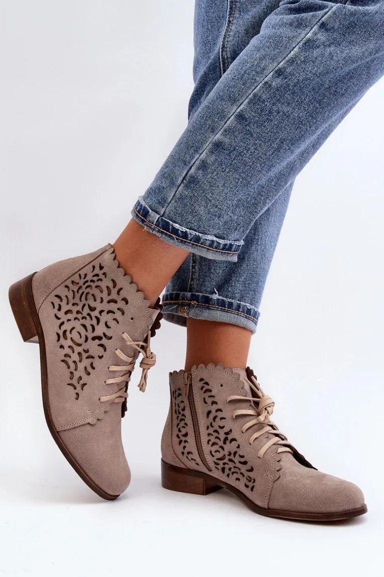 Zazoo 2871 Ażurowe Botki Damskie Sznurowane Beżowe